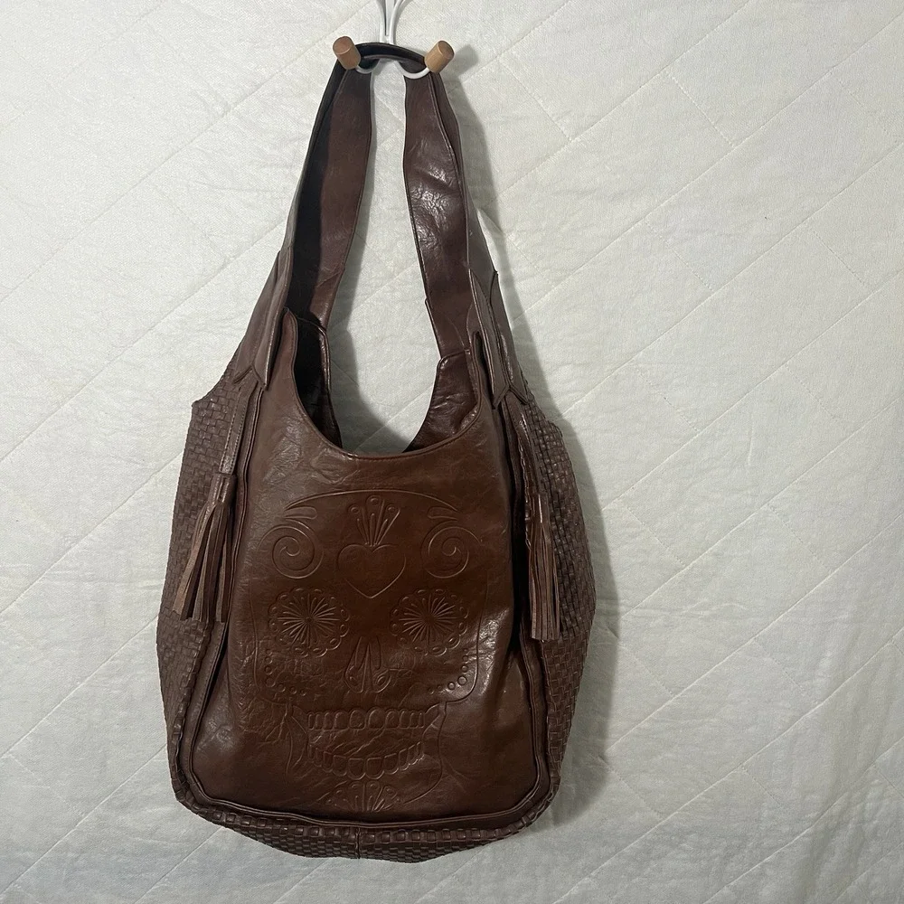 Loungefly Sugar Skull‎ Brown Lattice Large Tote Bag Y2K Purse 16x18 Retro Purse